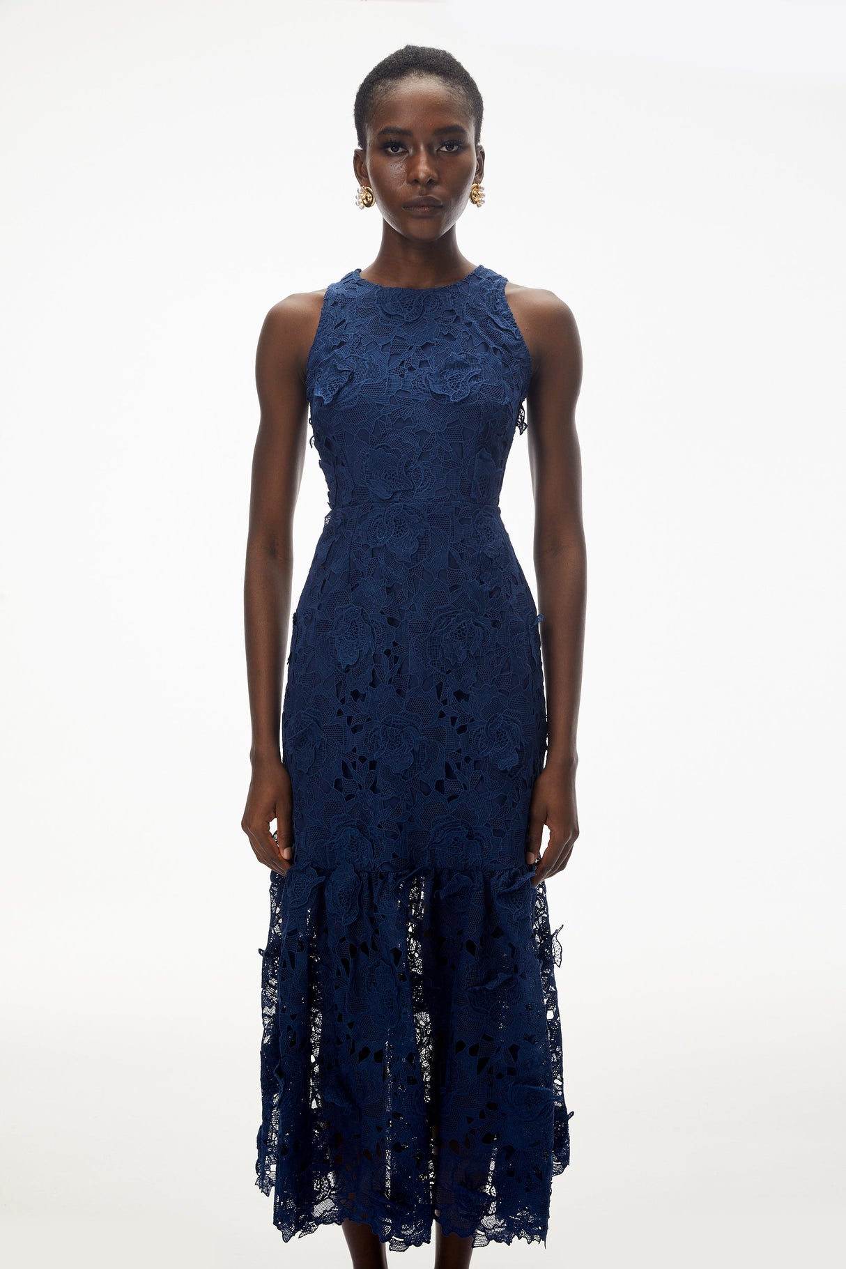 Aurohaya Briseis Blue Midi Dress with 3D Florals