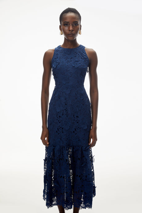 Aurohaya Briseis Blue Midi Dress with 3D Florals
