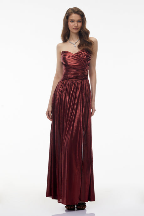 Aurohaya Eurydice Red Off Shoulder Ruched High Slit Maxi Dress