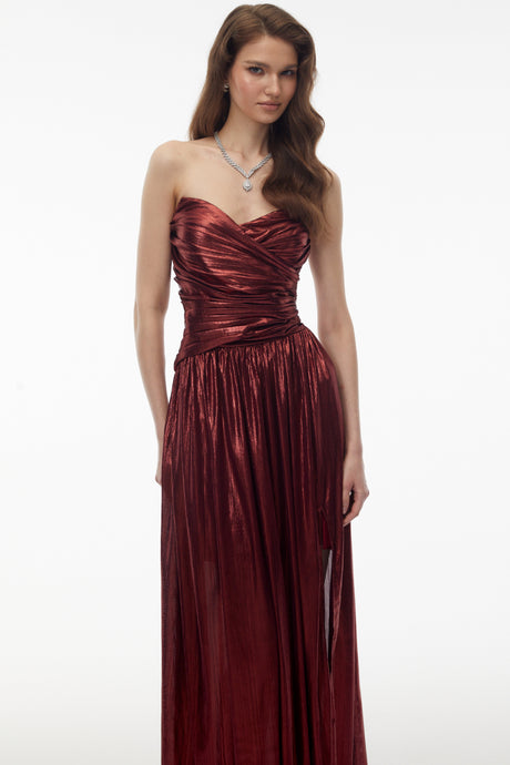 Aurohaya Eurydice Red Off Shoulder Ruched High Slit Maxi Dress