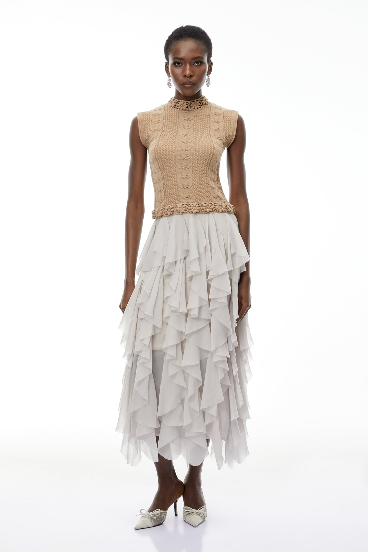 Aurohaya Evangeline Khaki Asymmetrical Ruffled Maxi Dress