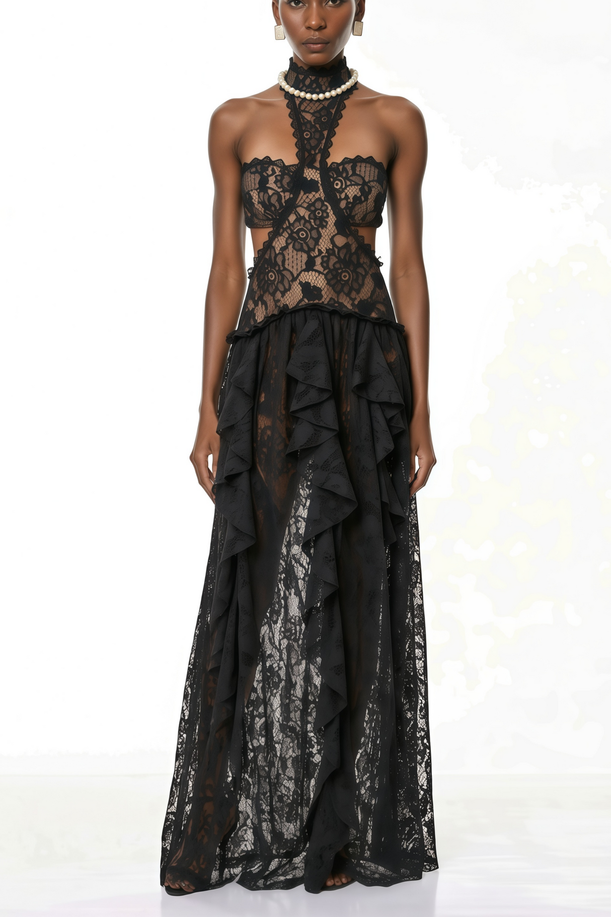 Aurohaya Evelyn Black Halterneck Lace Maxi Dress