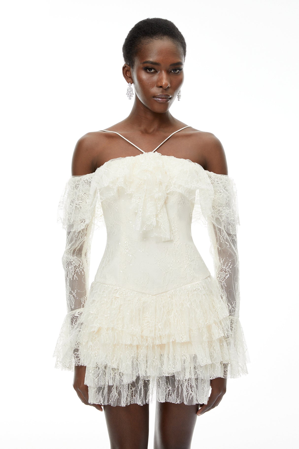 Aurohaya Evelyn Neutral Off Shoulder Tiered Mini Dress