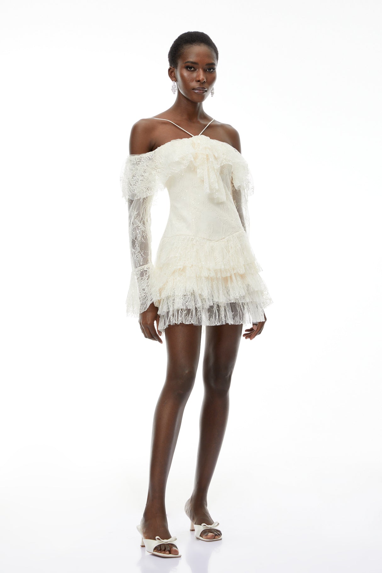 Aurohaya Evelyn Neutral Off Shoulder Tiered Mini Dress