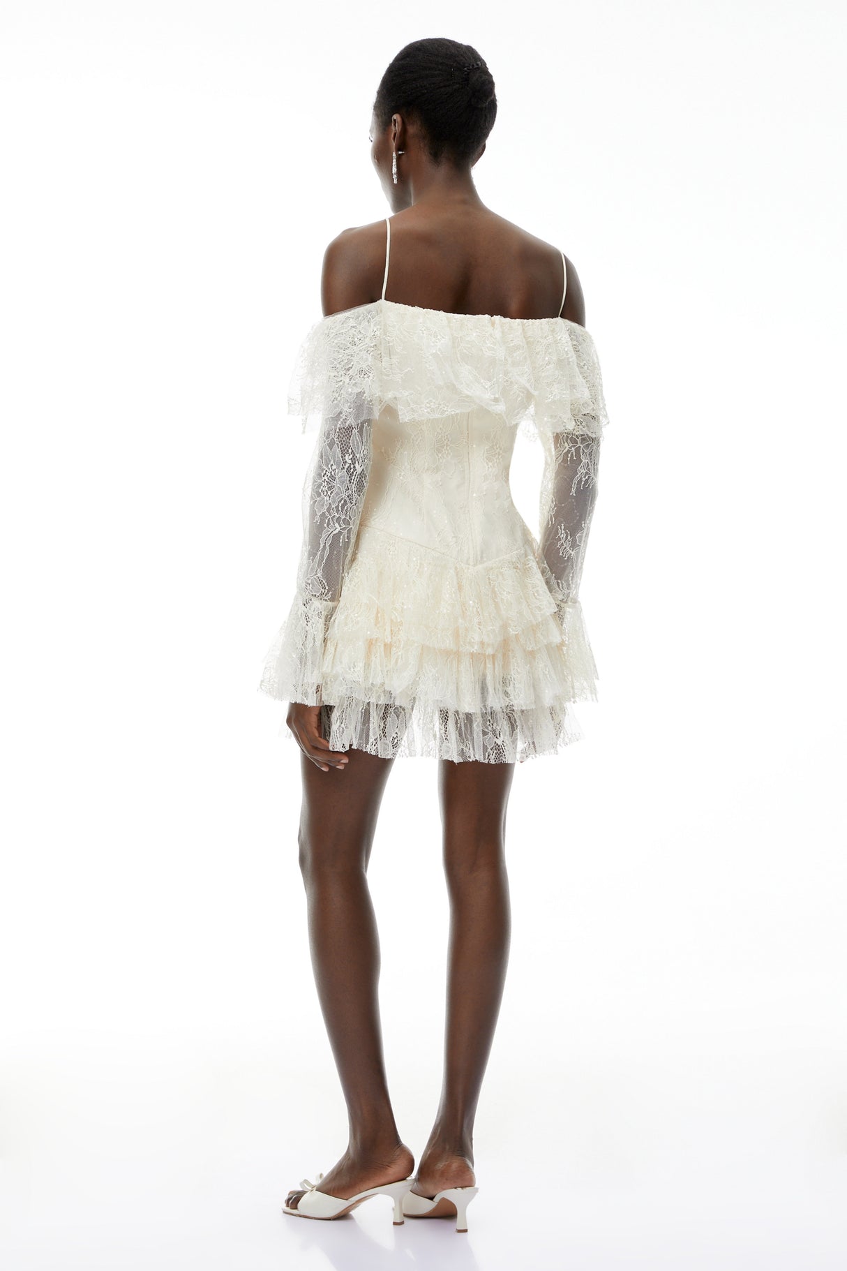Aurohaya Evelyn Neutral Off Shoulder Tiered Mini Dress