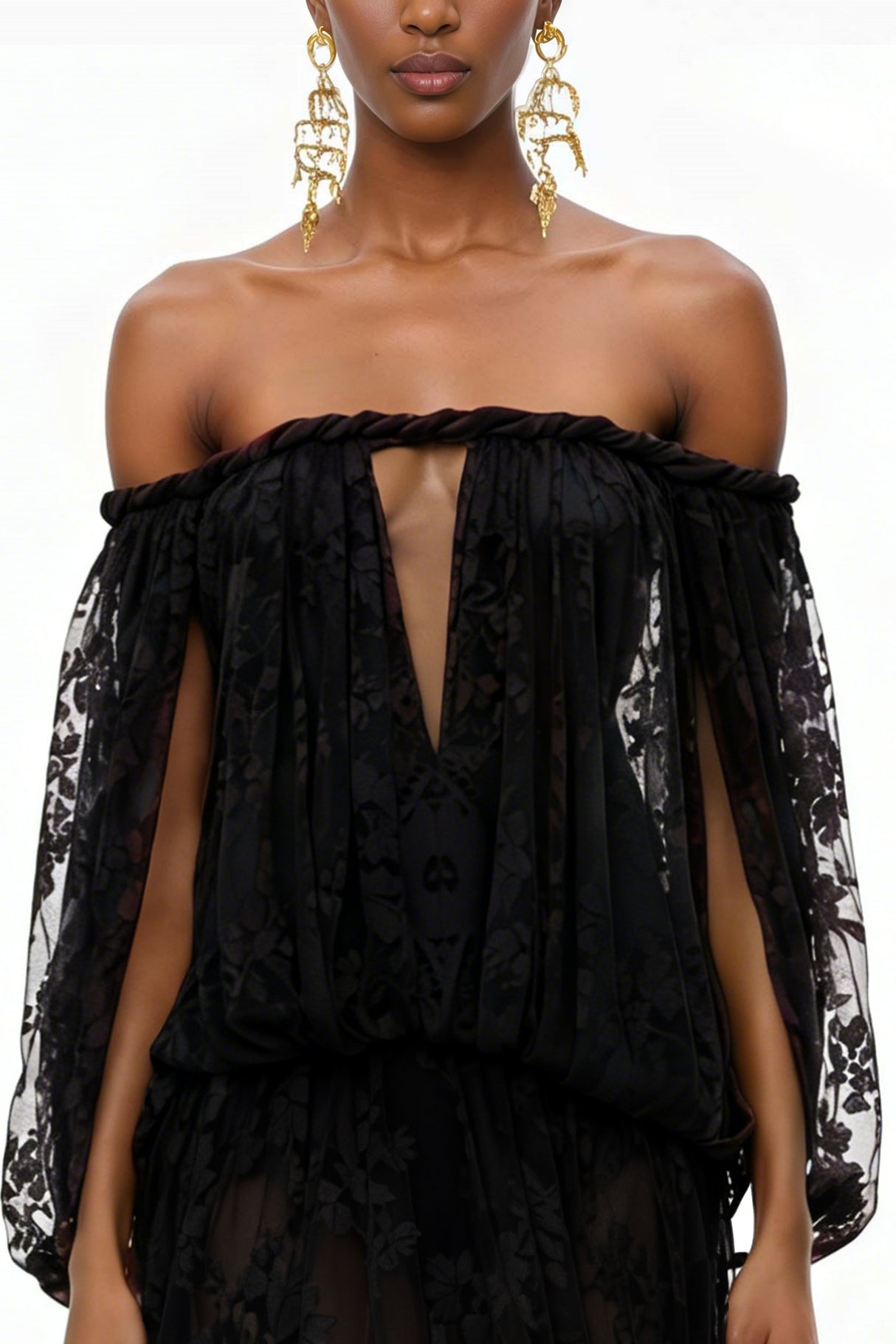 Aurohaya Fabienne Black Floral Appliqué Maxi Dress