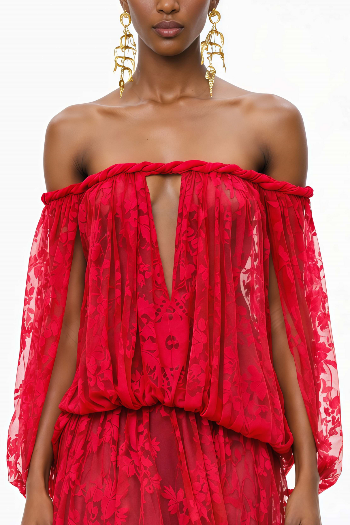 Aurohaya Fabienne Red Floral Appliqué Maxi Dress