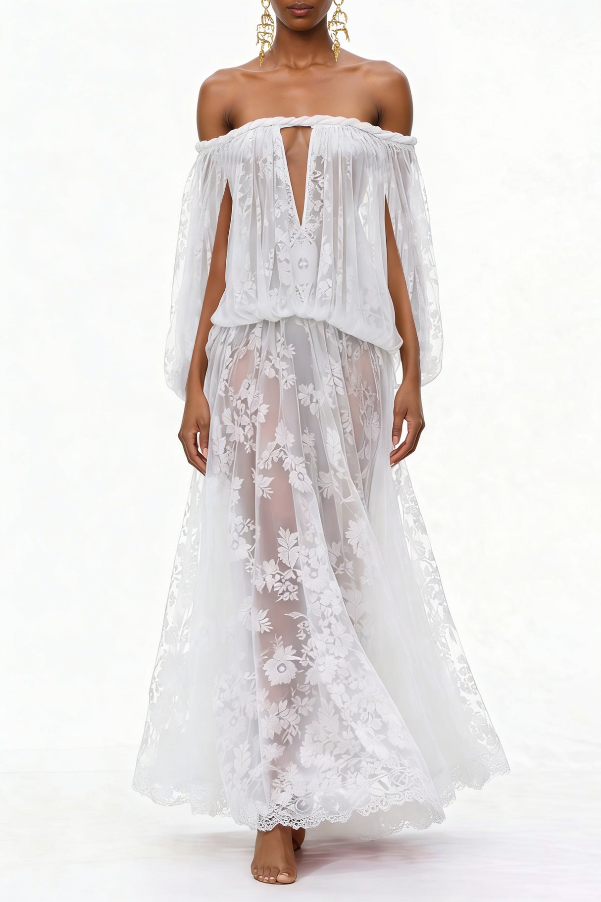 Aurohaya Fabienne White Floral Appliqué Maxi Dress