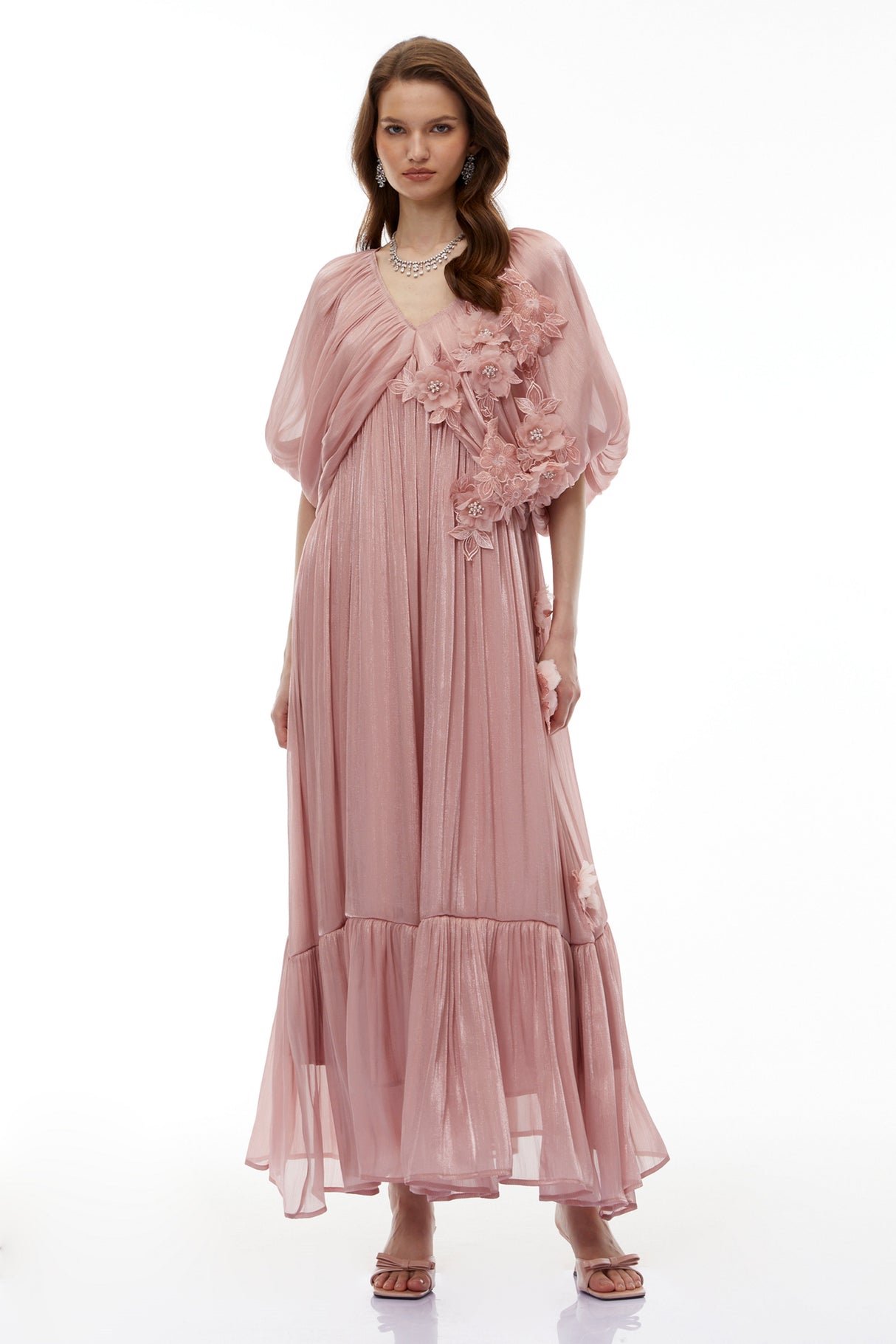Aurohaya Faina Pink Ruched Maxi Dress with 3D Florals