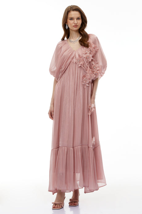 Aurohaya Faina Pink Ruched Maxi Dress with 3D Florals