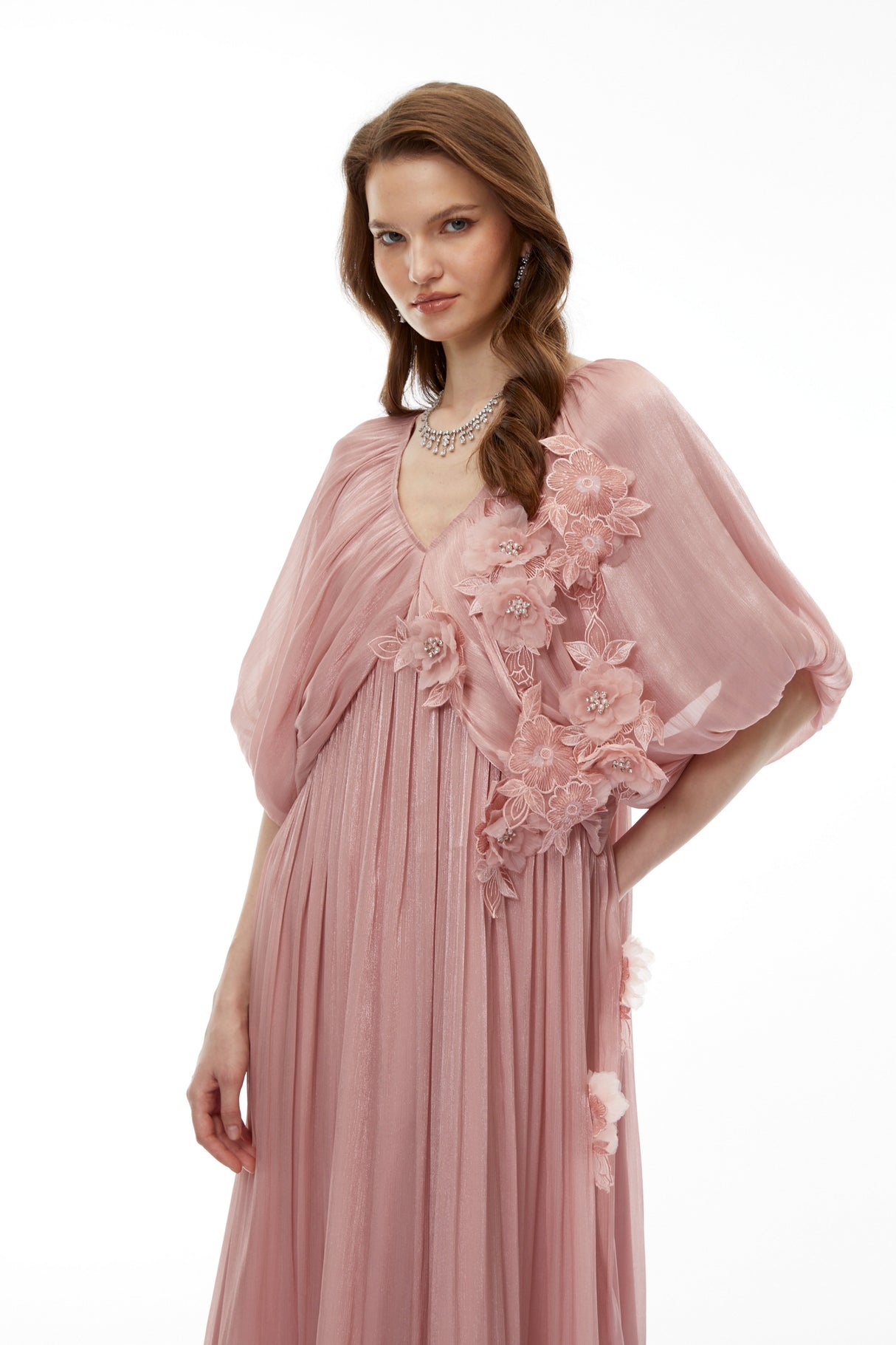 Aurohaya Faina Pink Ruched Maxi Dress with 3D Florals