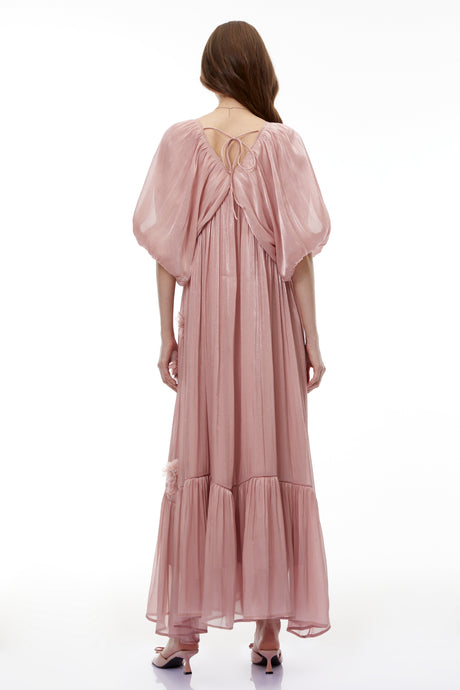 Aurohaya Faina Pink Ruched Maxi Dress with 3D Florals