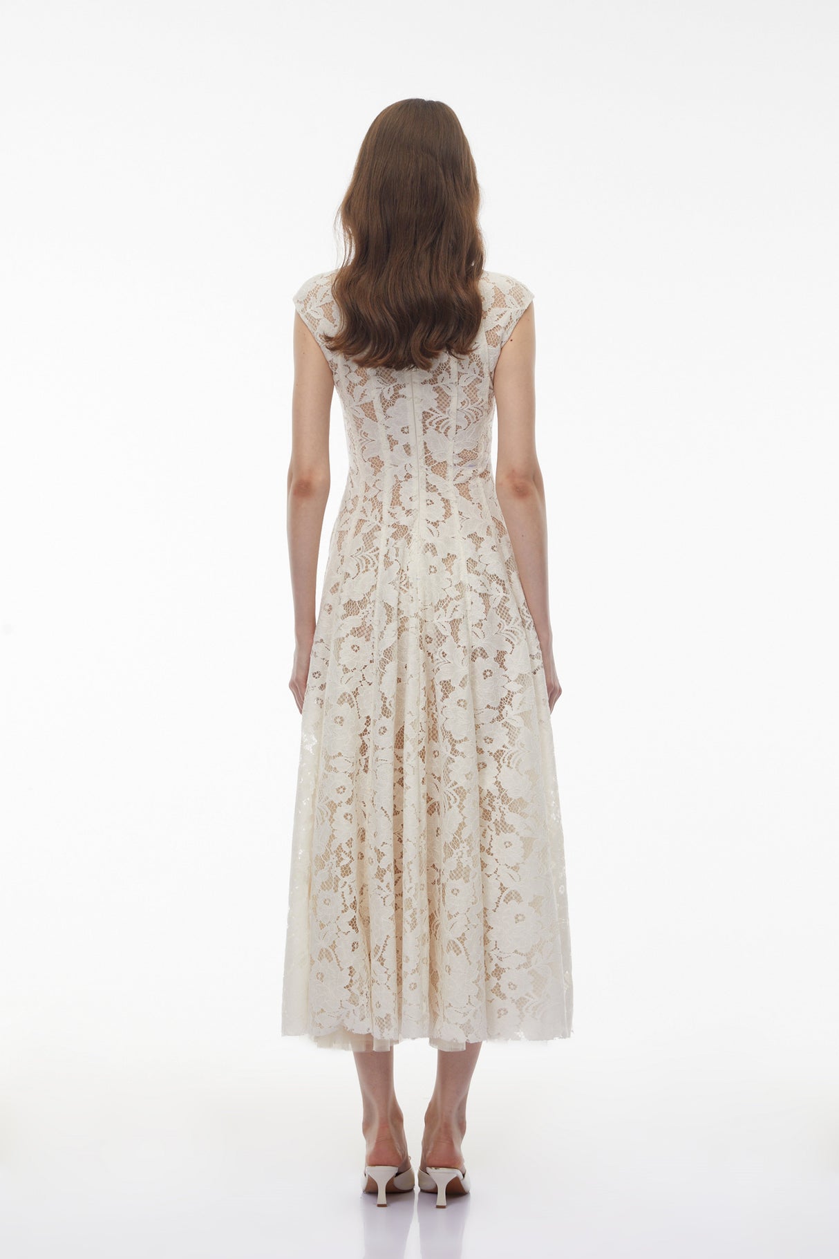 Aurohaya Fariba White V-Neck Floral Lace Maxi Dress