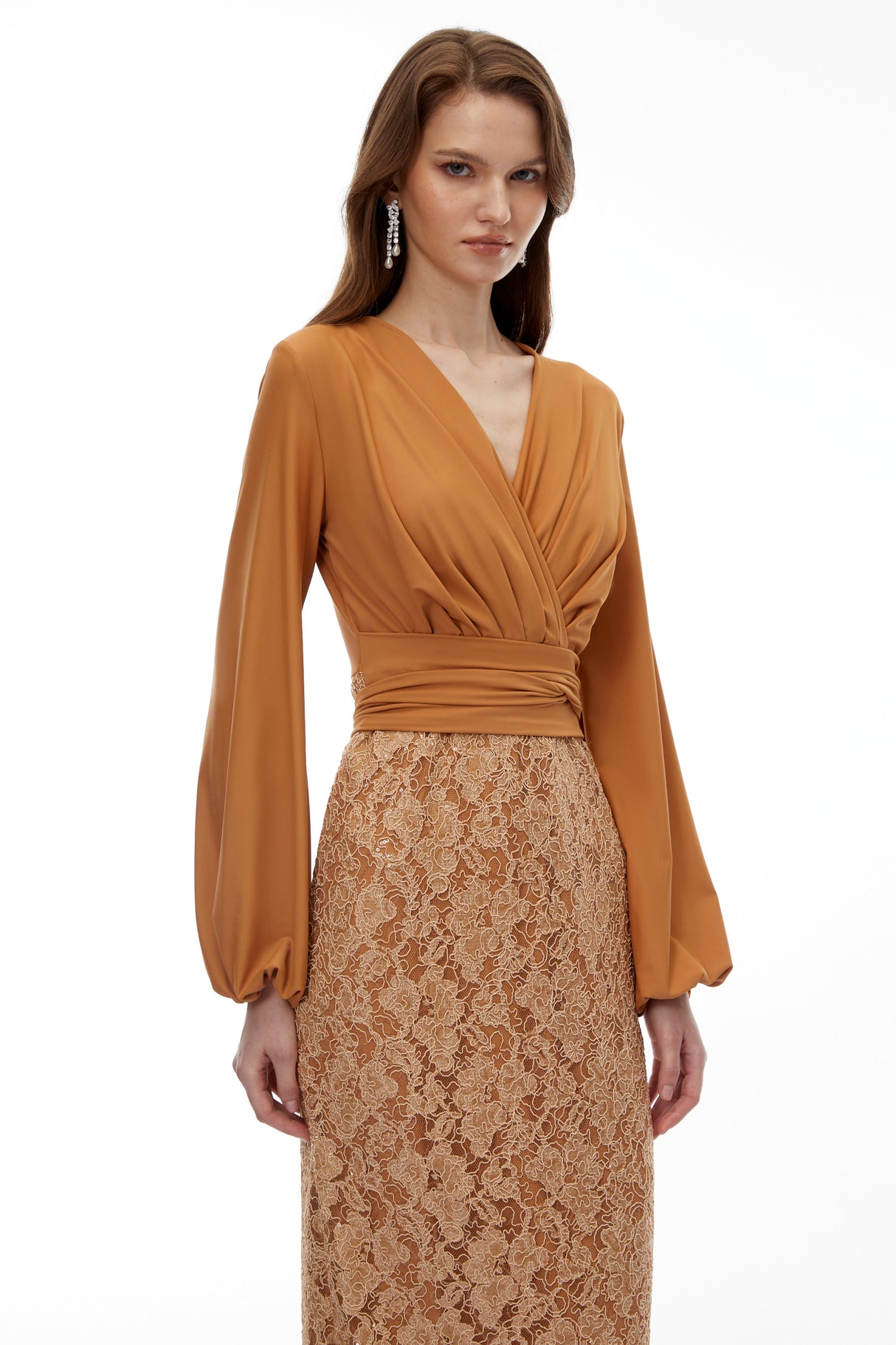 Aurohaya Fauna Brown Plunge Neck Lace Maxi Dress