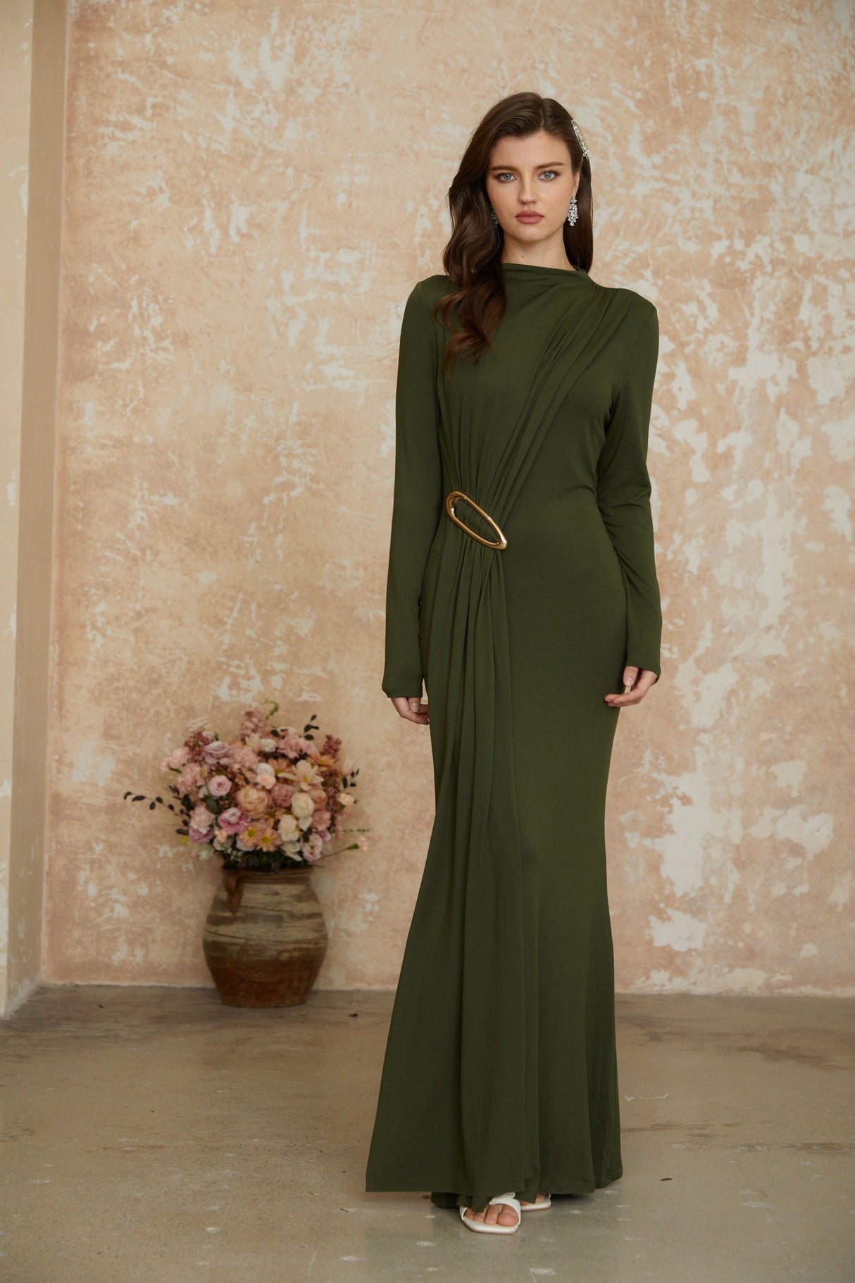 Aurohaya Fawn Green Ruched Maxi Dress with Ribbon Detail