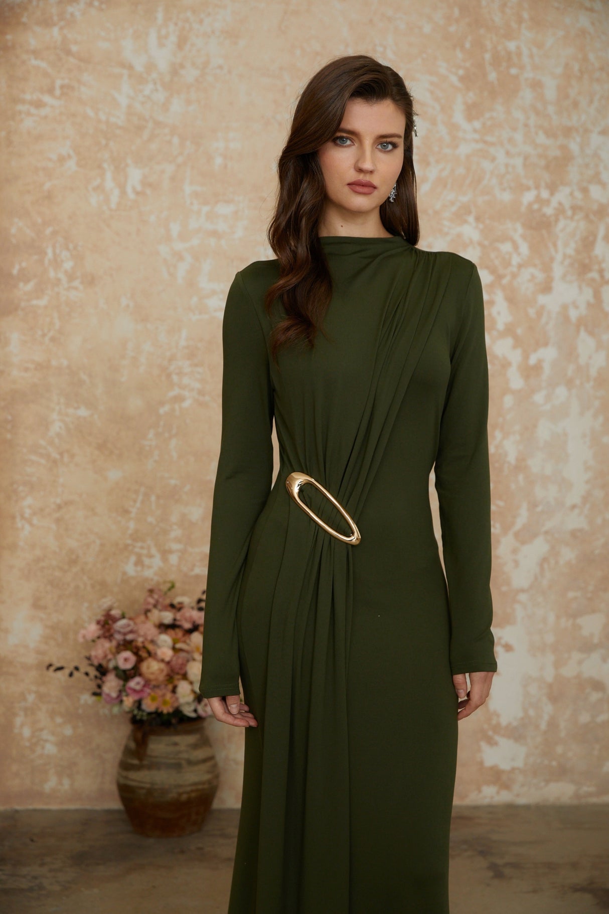 Aurohaya Fawn Green Ruched Maxi Dress with Ribbon Detail