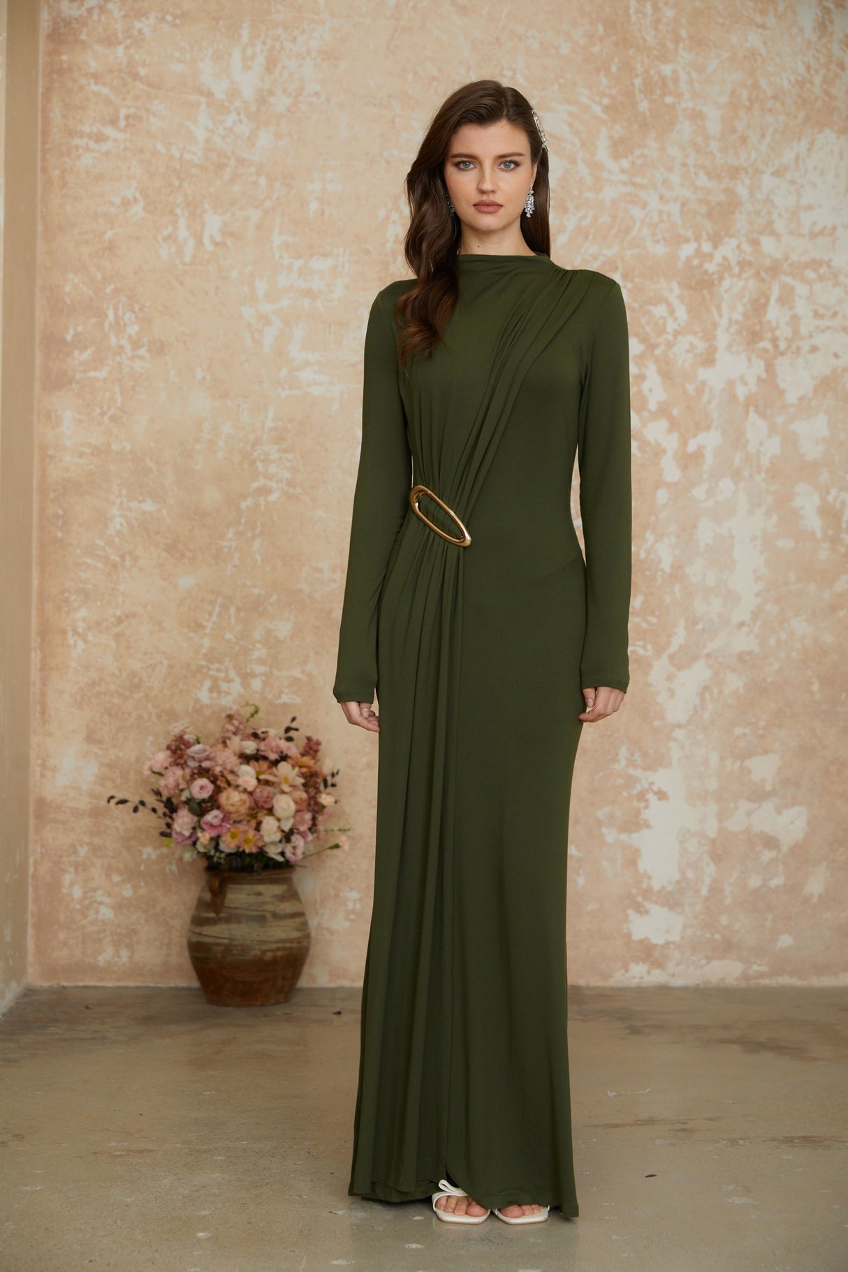 Aurohaya Fawn Green Ruched Maxi Dress with Ribbon Detail