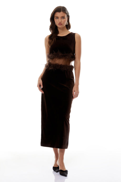 Aurohaya Fernande Brown Sleeveless Midi Dress