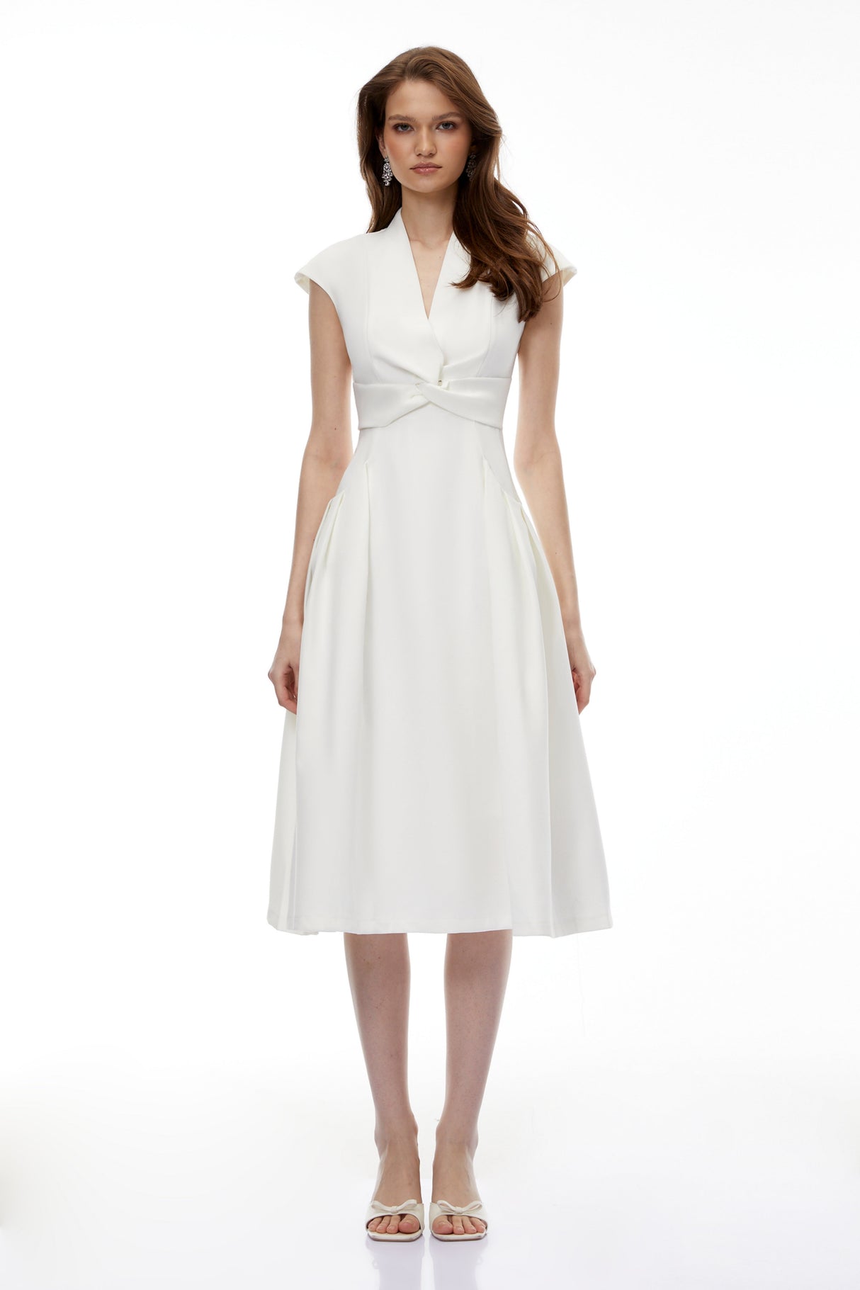 Aurohaya Fevronia White Sleeveless Twist Front Midi Dress