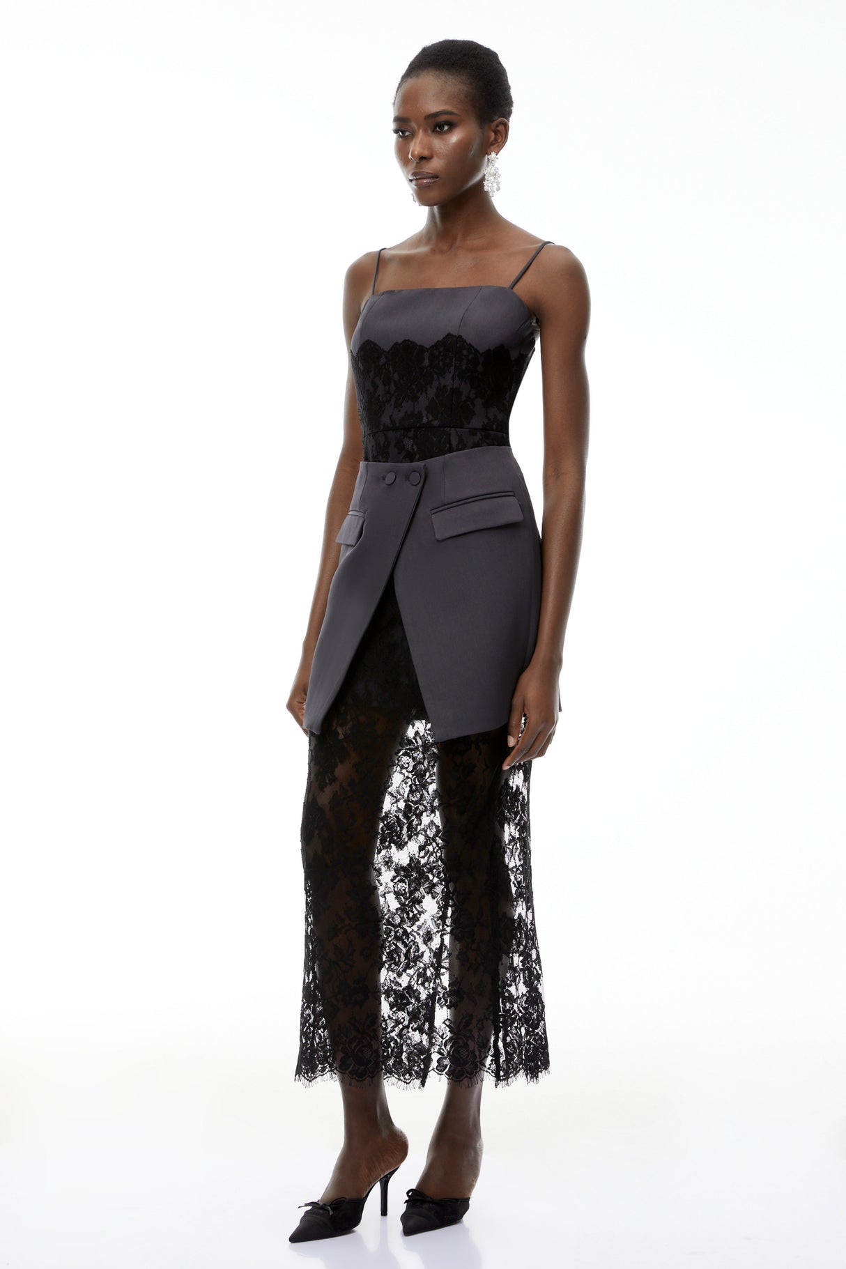 Aurohaya Fiona Grey Lace Panel Asymmetrical Maxi Dress