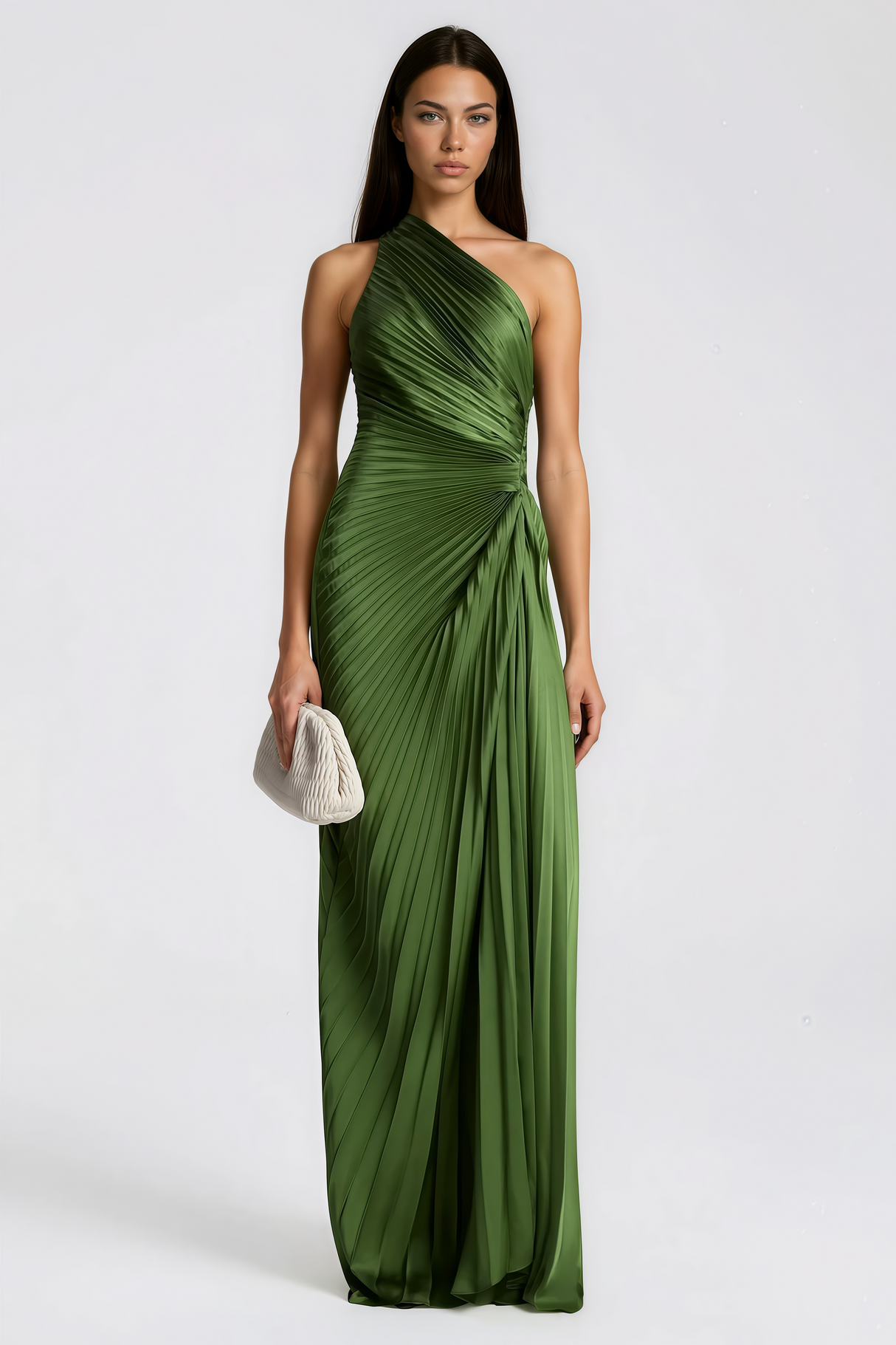 Aurohaya Firoozeh Emerald Green One Shoulder Pleated Maxi Dress