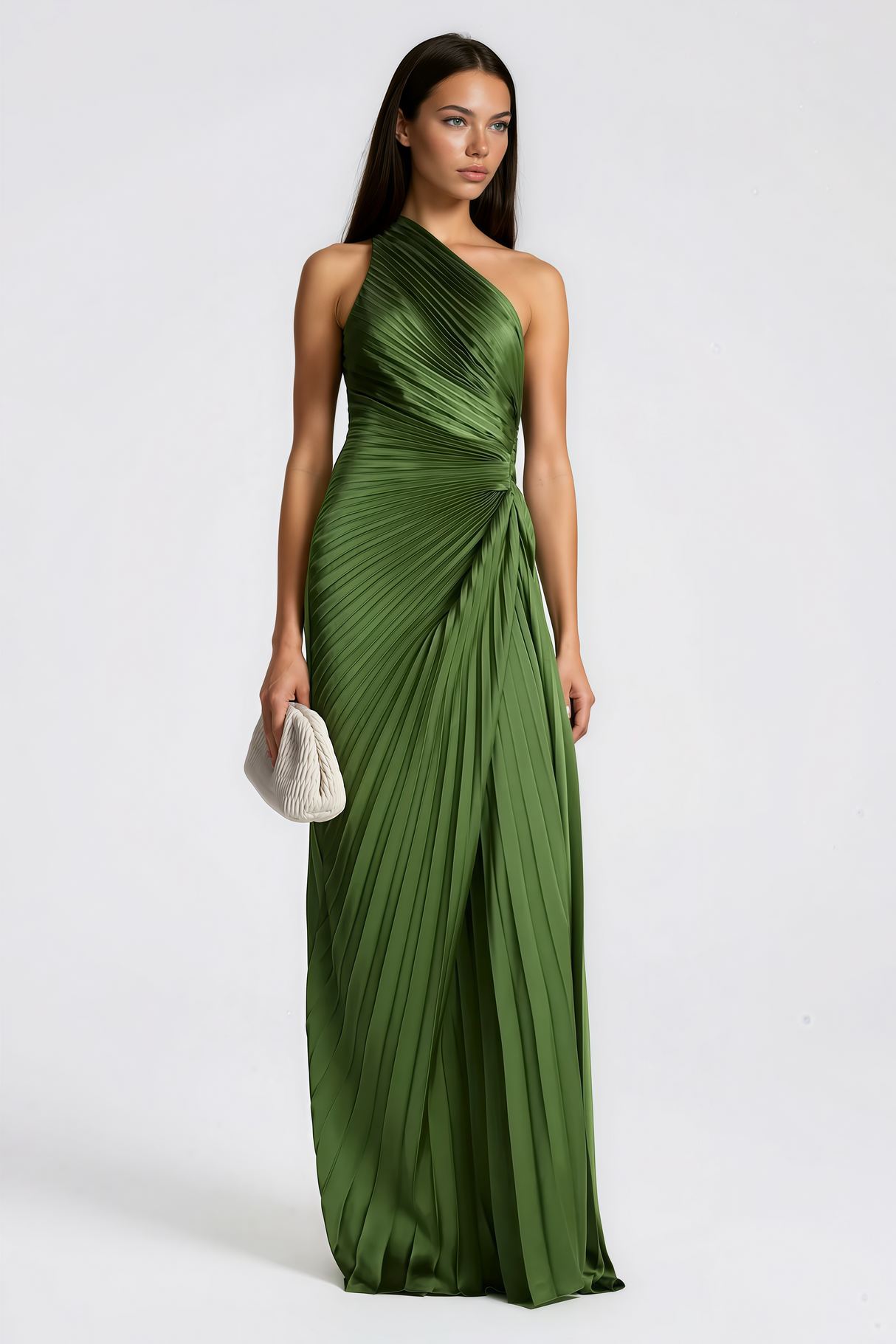 Aurohaya Firoozeh Emerald Green One Shoulder Pleated Maxi Dress