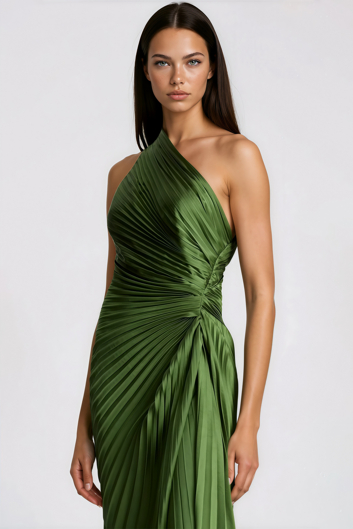 Aurohaya Firoozeh Emerald Green One Shoulder Pleated Maxi Dress