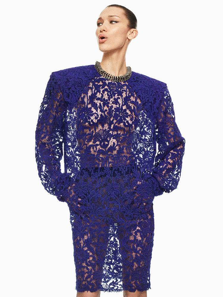 Aurohaya Émilia Lace Long Sleeve Midi Dress Blue