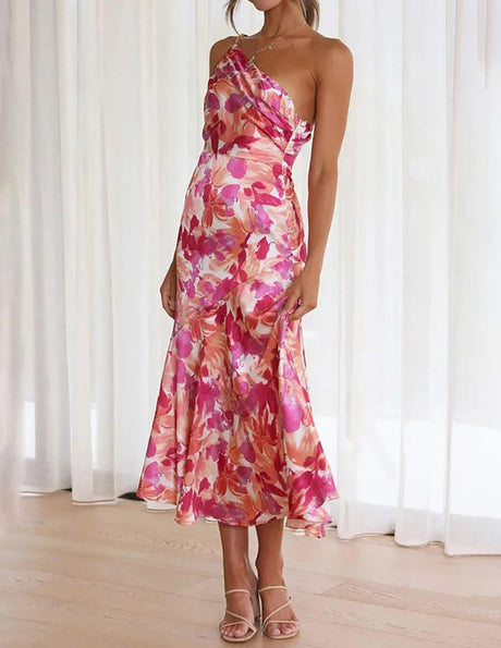 Aurohaya Pink Floral One Shoulder Ruched Satin Dress