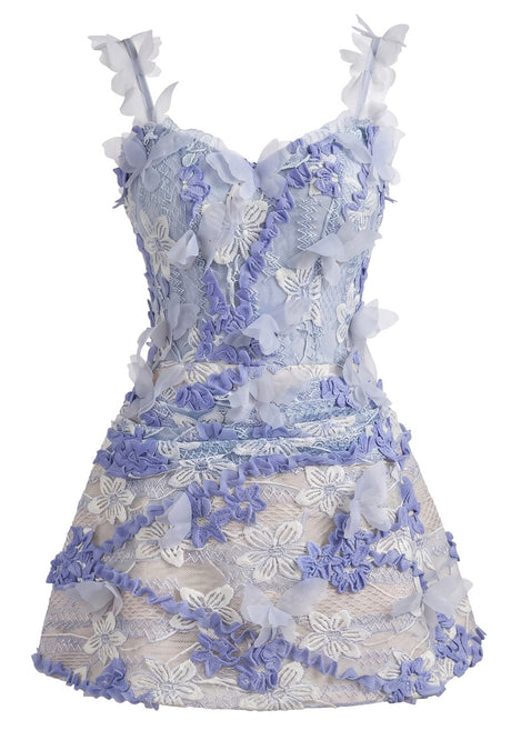 Floral Butterfly Lace A Line Dress Blue