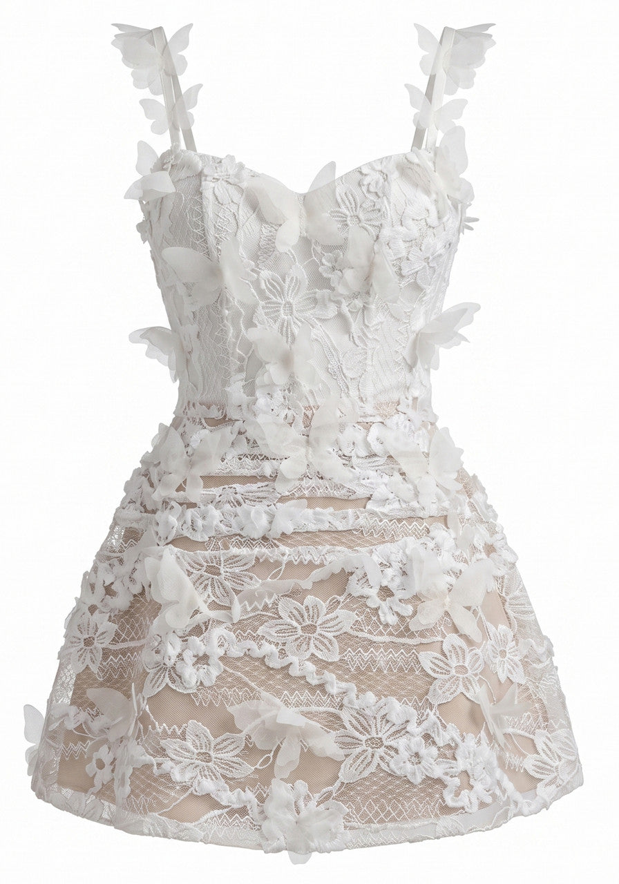 Floral Butterfly Lace A Line Dress White