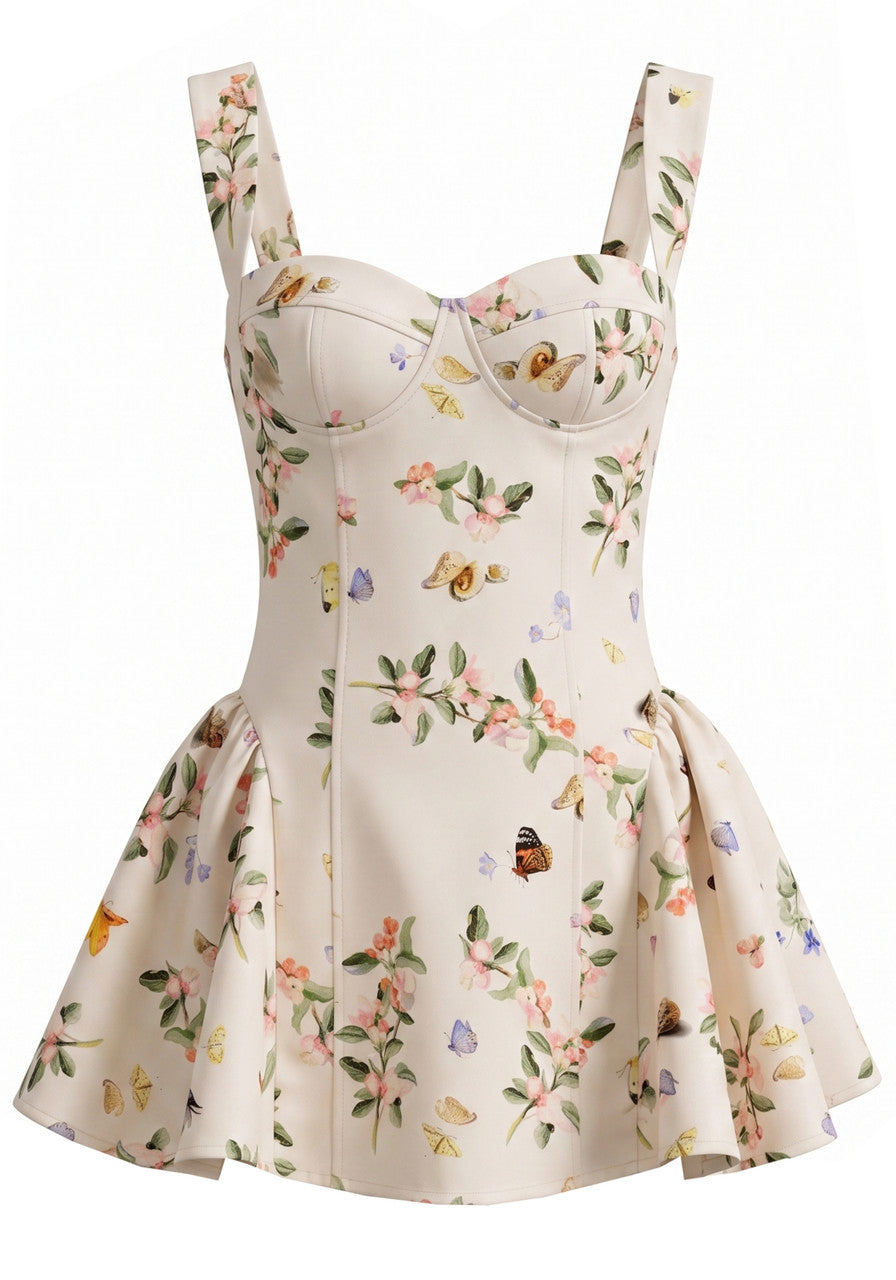 Halter Floral Bustier A Line Dress Nude