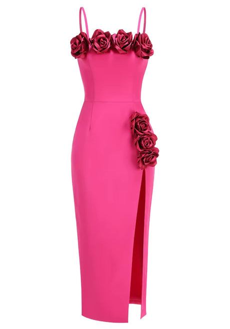 Floral Detail Midi Dress Hot Pink