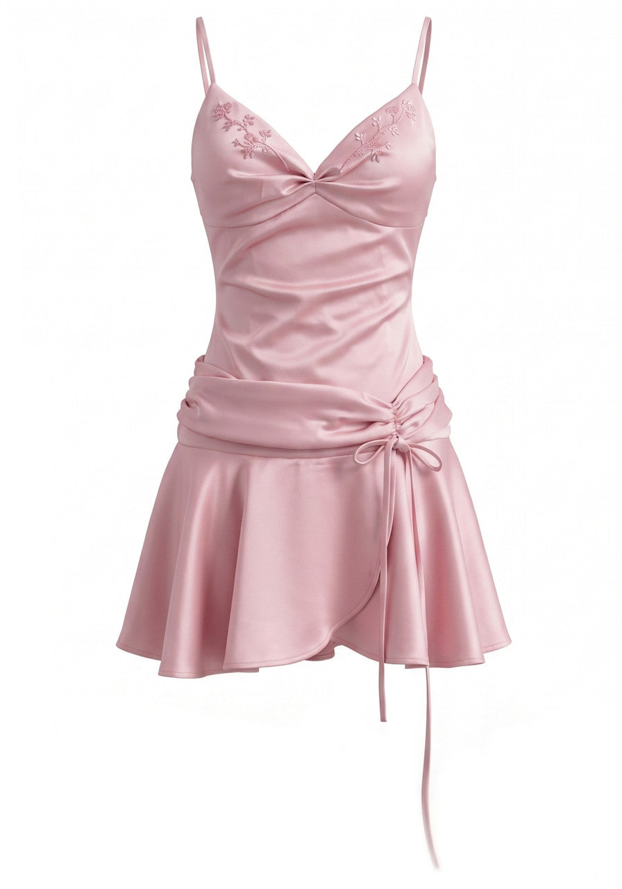 Floral Draped A Line Corset Dress Pink
