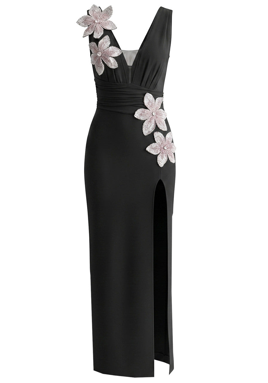 Floral Draped Maxi Dress Black