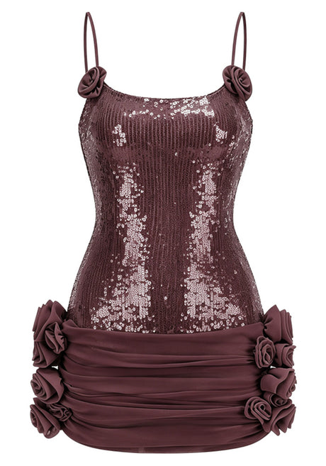 Floral Draped Sequin Corset Dress Brown