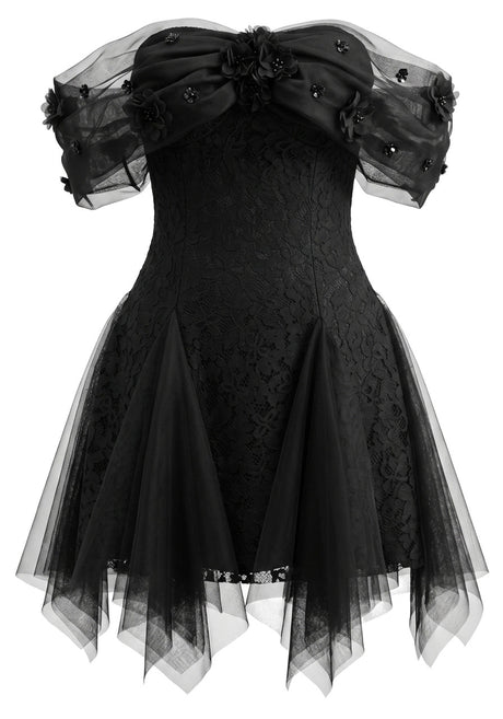 Floral Mesh Bardot Lace Dress Black