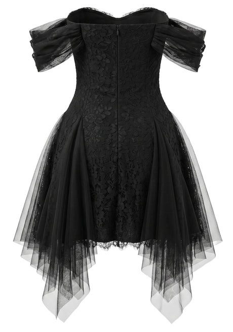 Floral Mesh Bardot Lace Dress Black