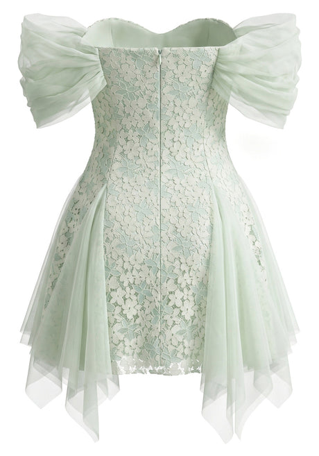 Floral Mesh Bardot Lace Dress Green