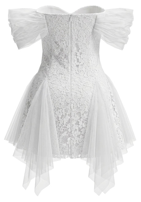 Floral Mesh Bardot Lace Dress White
