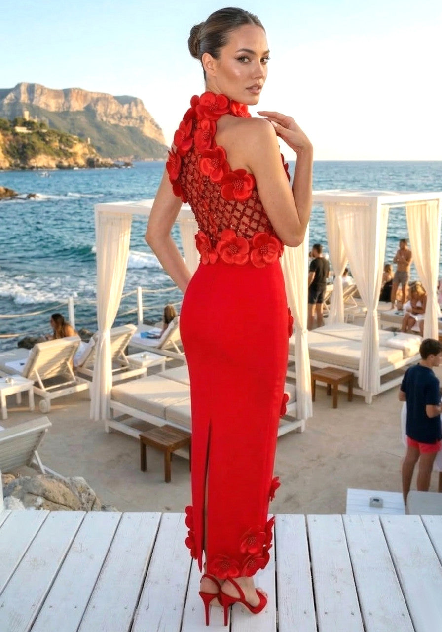 Floral Sequin Maxi Dress Red