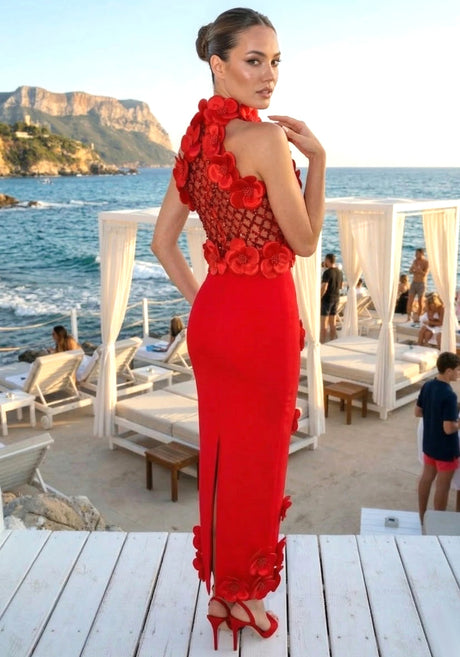 Floral Sequin Maxi Dress Red