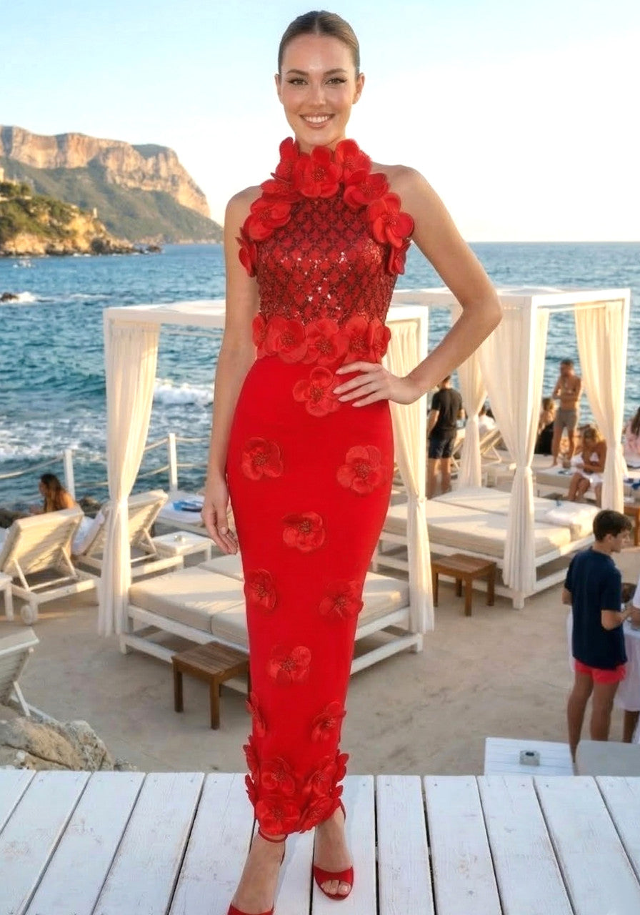 Floral Sequin Maxi Dress Red
