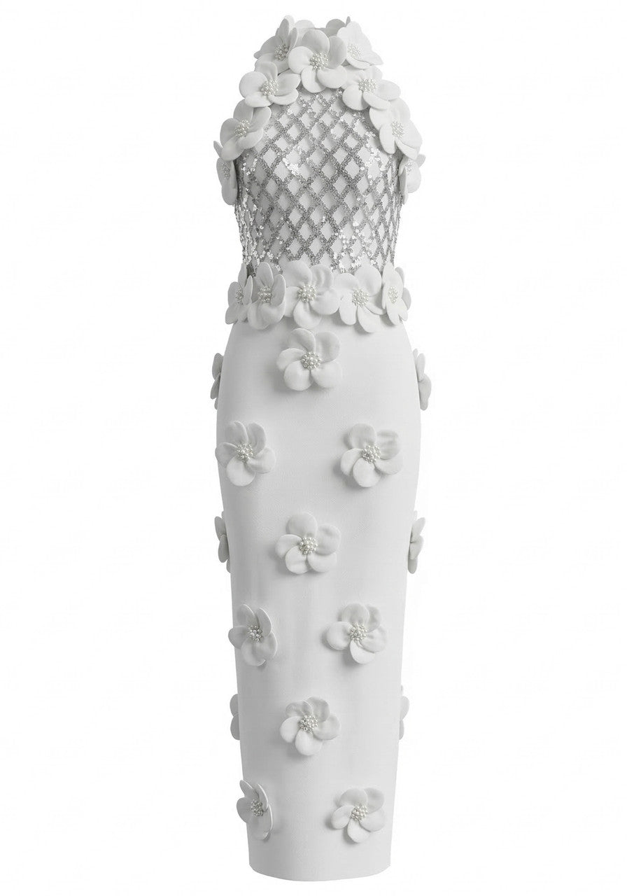 Floral Sequin Maxi Dress White