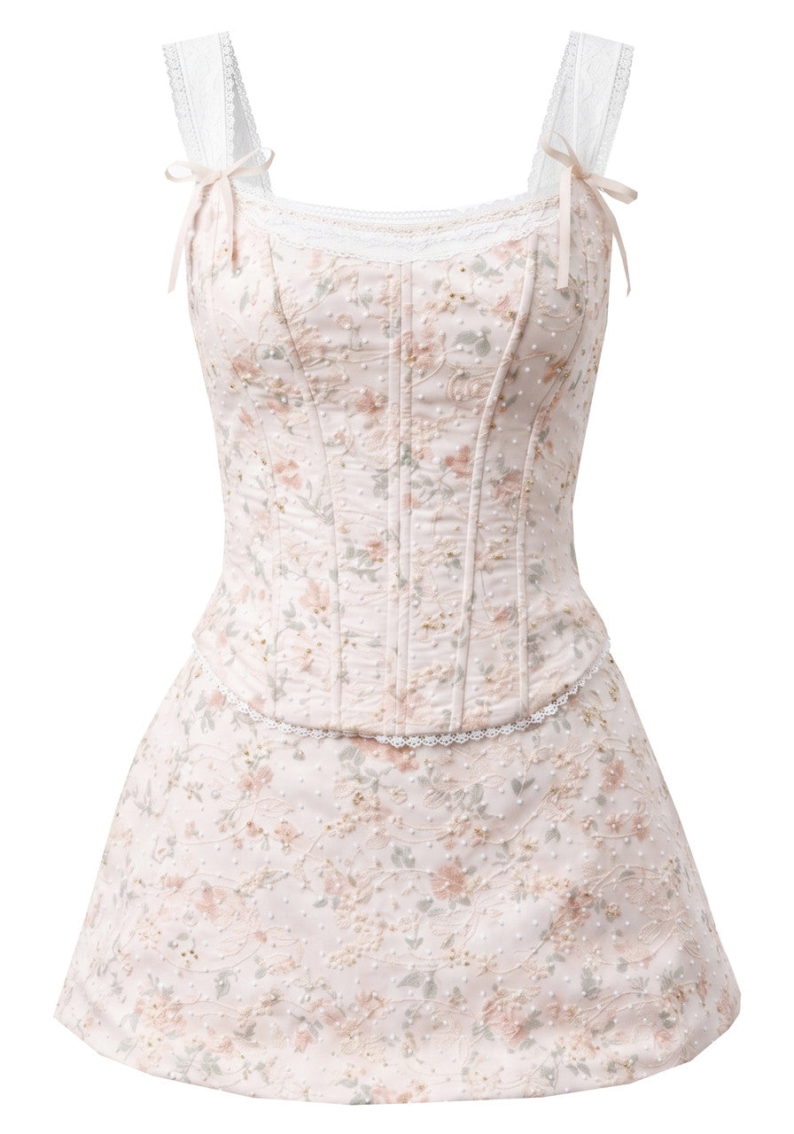 Floral Corset Two Piece Dress Peach