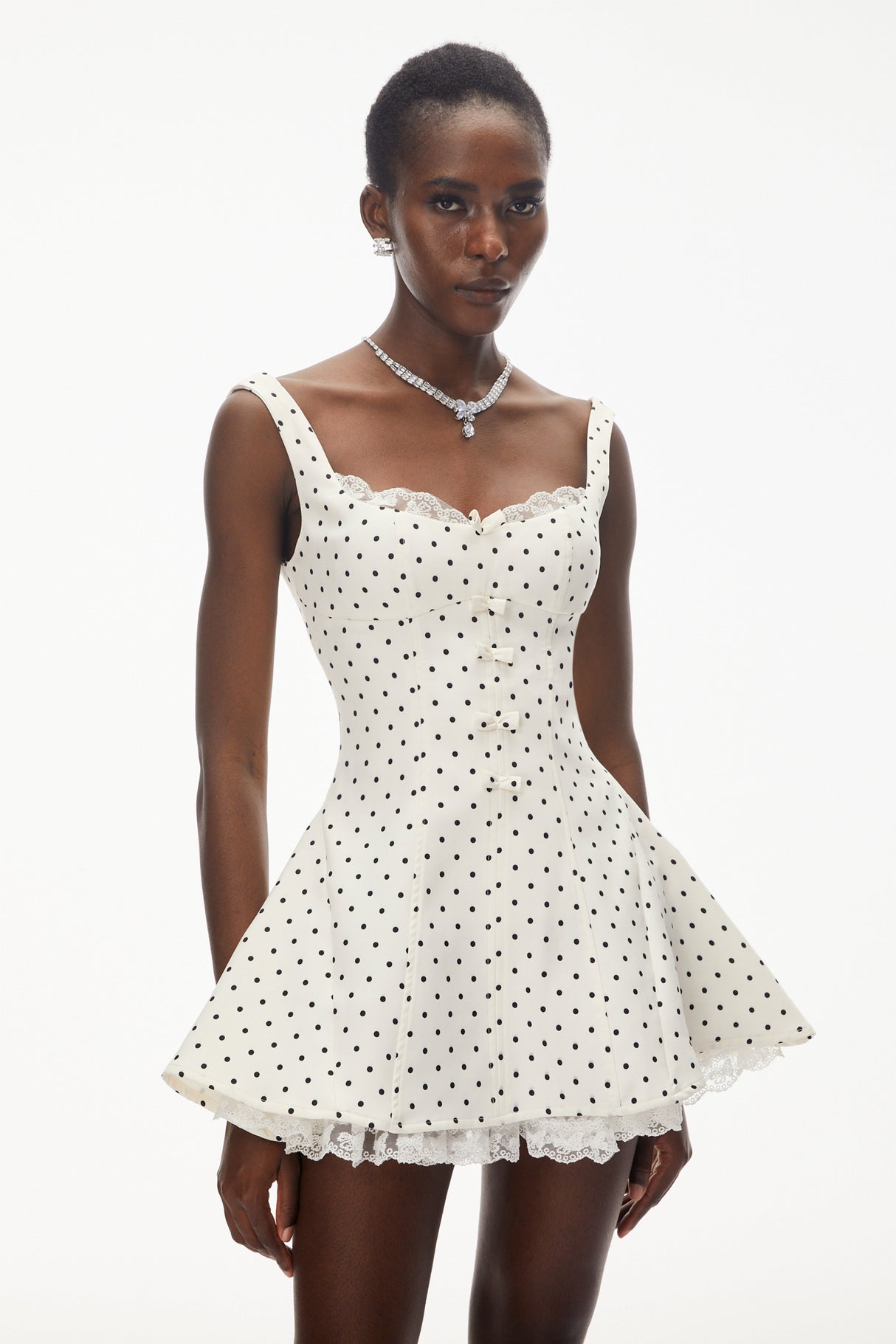 Aurohaya Florence White Polka Dot Mini Dress with Bow