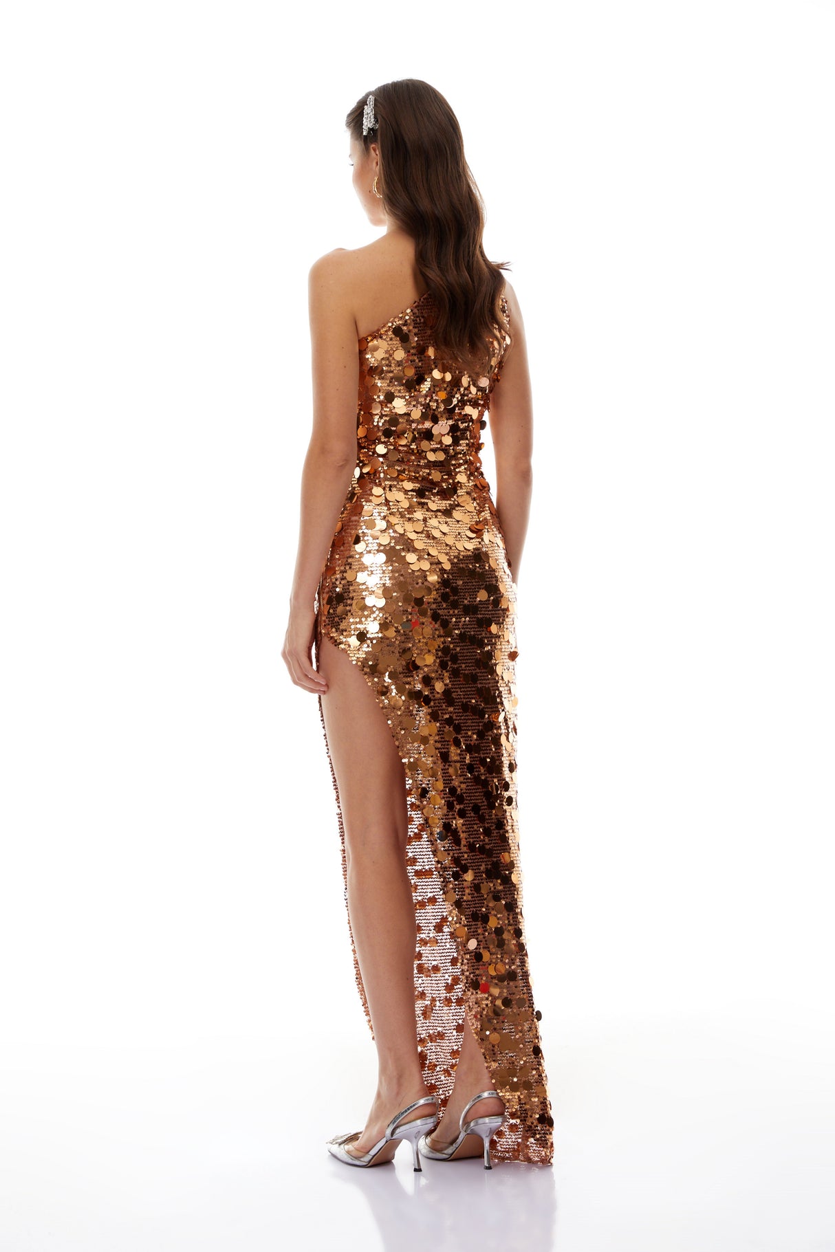 Aurohaya Francesca Gold One Shoulder Sequined Maxi Dress