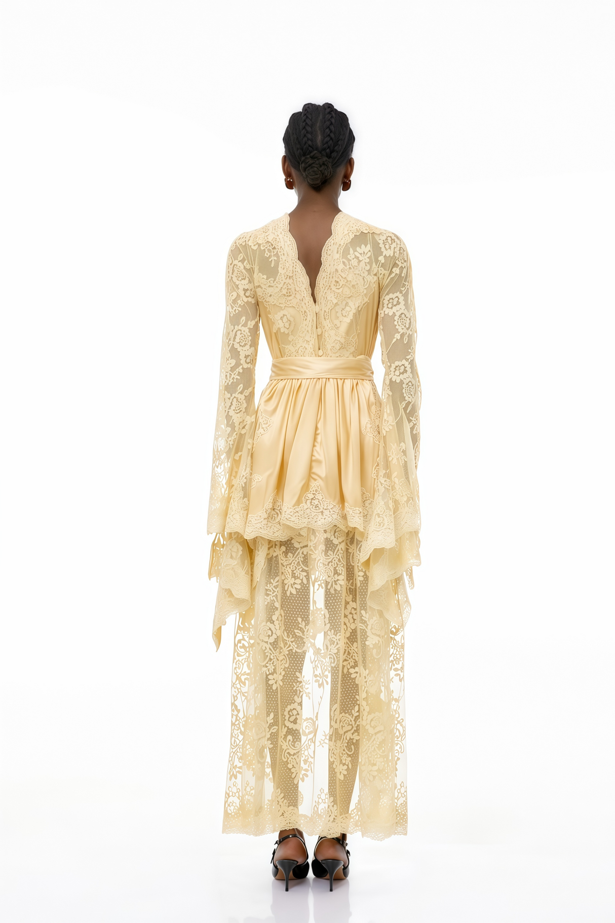 Aurohaya Francesca Neutral Self-tie Lace Midi Dress