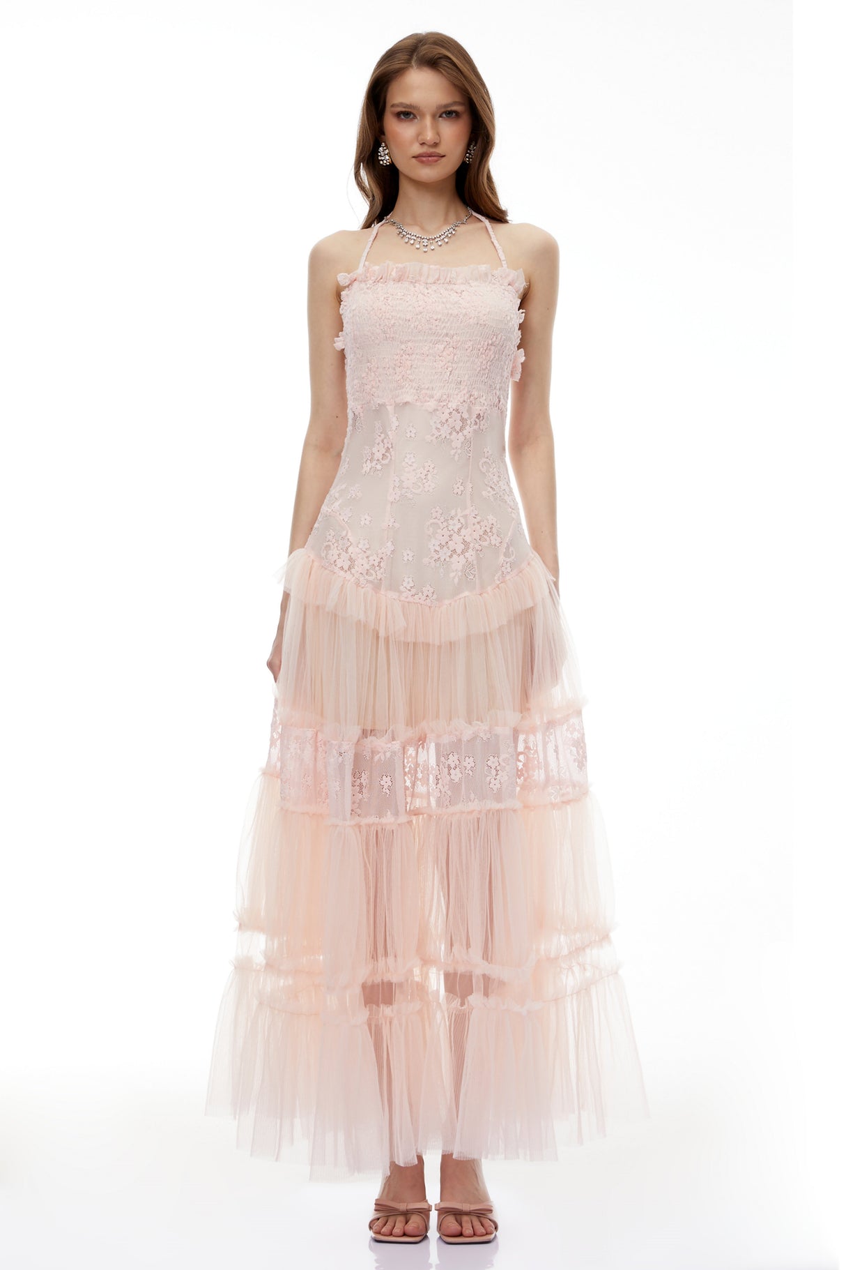 Aurohaya Francine Pink Floral Lace Tiered Maxi Dress