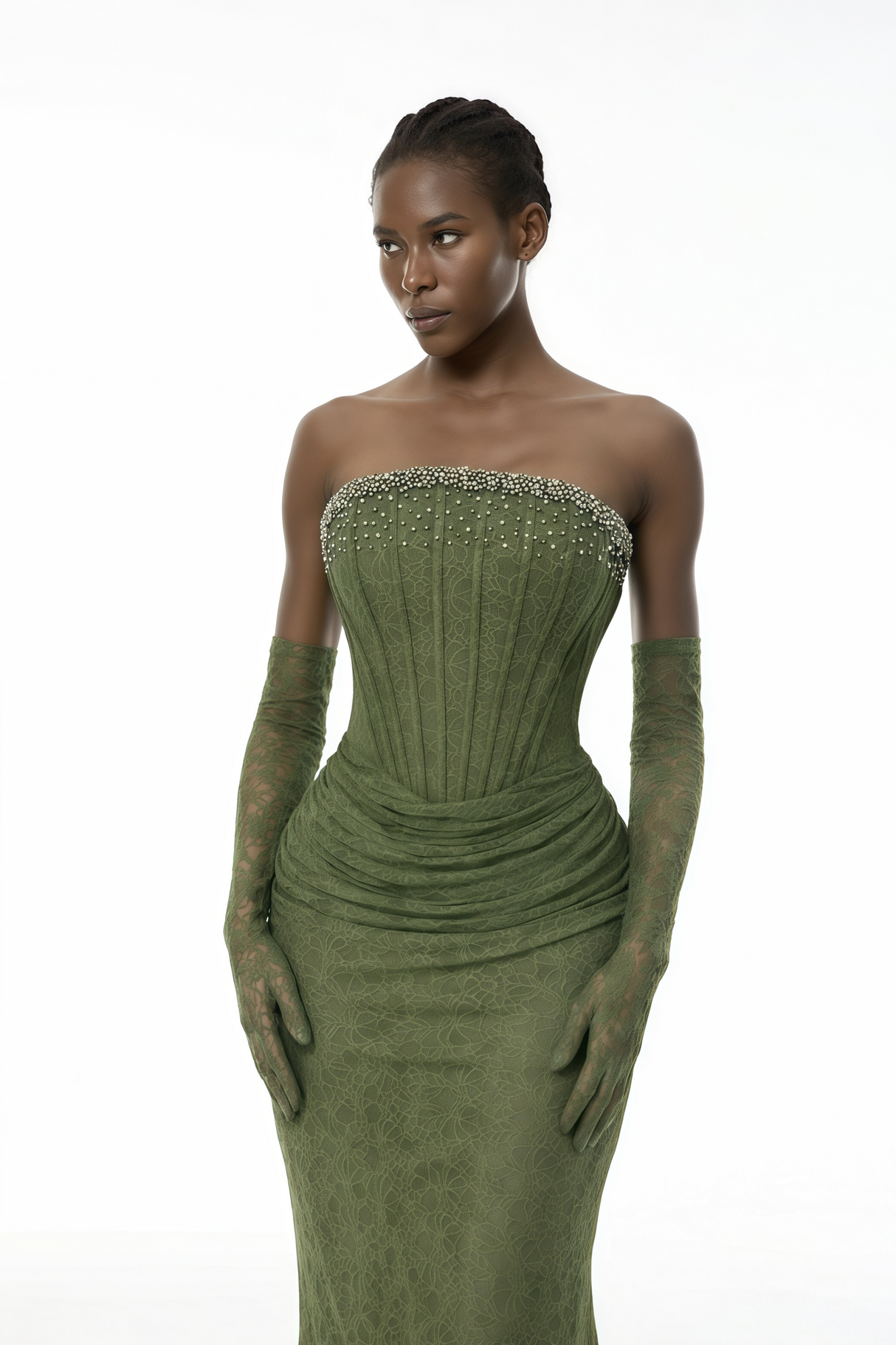 Aurohaya Franziska Green Embellished Corset Maxi Dress (Without Gloves)